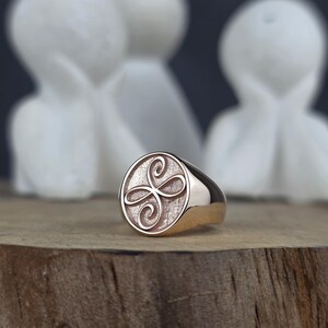 An angled close-up of a dainty 10k rose gold ring featuring a Zibu angelic symbol engraving. The oval signet face combines a textured background with a polished, raised scroll ornament. The high-polish shank of the ring reflects light cleanly as it rests on a wooden block against a dark, blurred background.