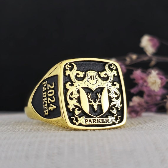 Gold Plated Family Crest Ring: Personalized Coat of Arms Signet