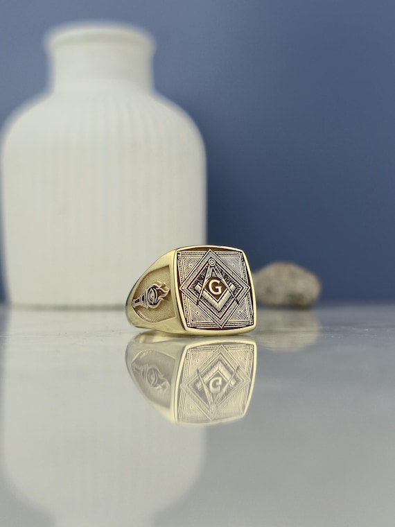 Gold Plated Sterling Silver Masonic Ring: Compass, Torch & Star