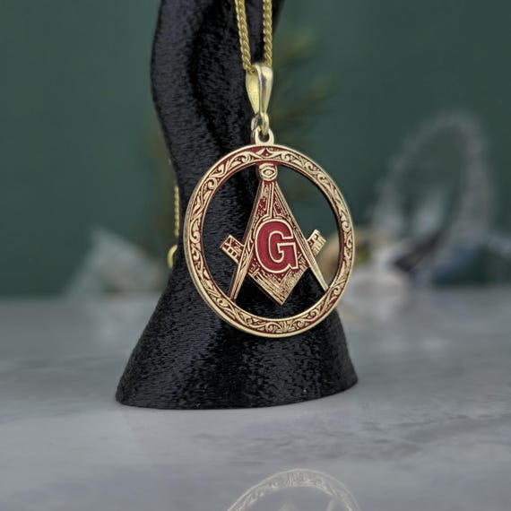 Gold Plated Masonic Pendant • Red Enamel Freemason Square & Compass Necklace