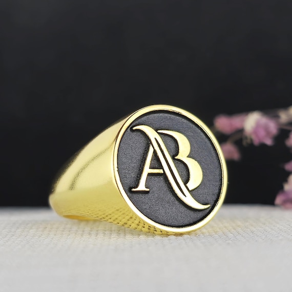 Gold-Plated Sterling Silver Monogram Signet Ring - Custom Initial Ring