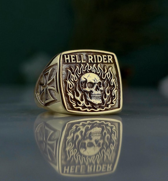 Hell Rider Skull Ring • Gold Plated 925 Sterling Silver Biker Signet • Flames Skull MC Motorcycle Outlaw Jewelry for Men