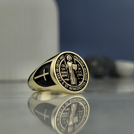 Gold-Plated Sterling Silver St. Benedict Ring: Religious Protection Signet