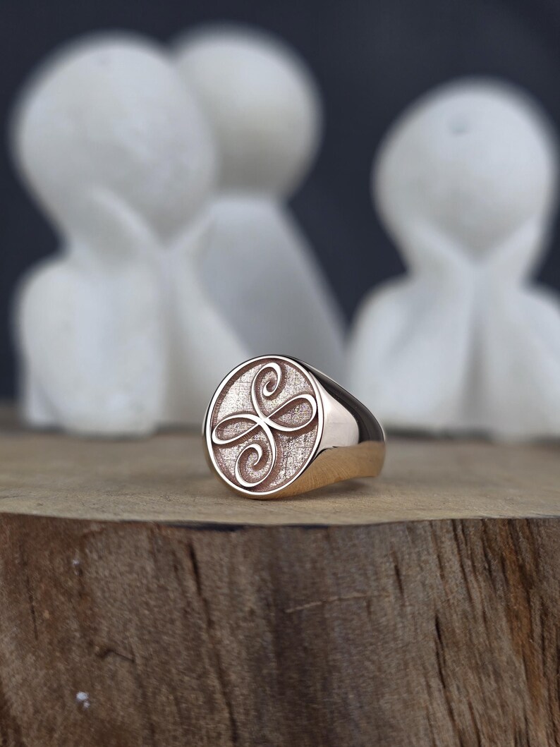 This close-up showcases a handcrafted rose gold signet ring with a Zibu symbol of friendship. The polished outer rim frames a stippled inner face where the continuous loop symbol is raised in a mirror-like finish. The ring's smooth, reflective band is visible as it stands on a wooden ledge, emphasizing its modern spiritual aesthetic.