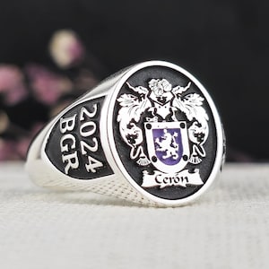 Personalisierter quadratischer Familienwappen Siegelring für Männer & Frauen - 925 Sterling Silber Geschenk
