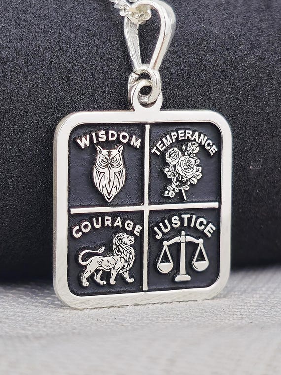 Sterling Silver Four Virtues Pendant: Wisdom, Courage, Justice, Temperance