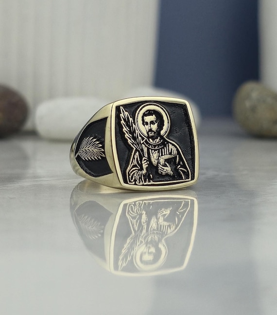 Saint Peter Gold-Plated Signet Ring | Upside Down Crucifix Christian Jewelry | Unisex Square Religious Ring Inspired by Apostolic Martyrdom