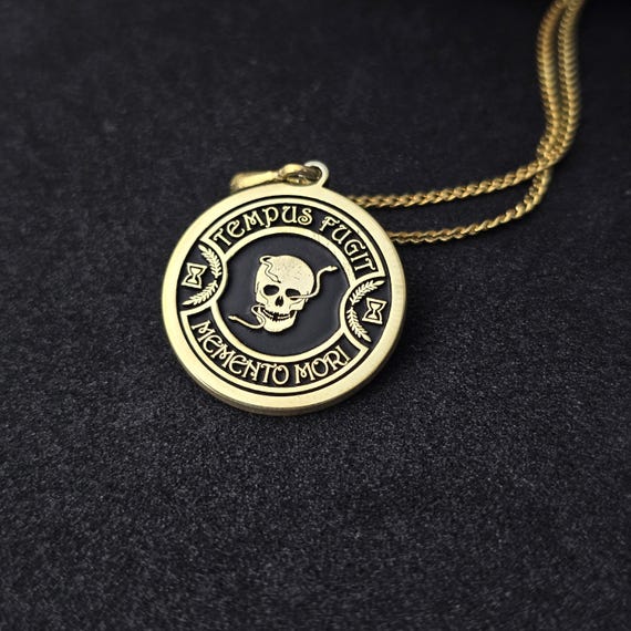 Solid Gold Tempus Fugit Necklace: Memento Mori Stoic Coin Pendant