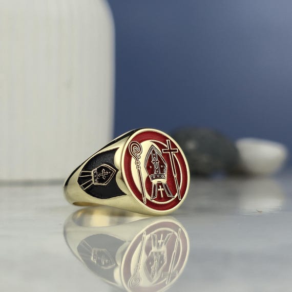 Gold Plated Sterling Silver Bishop Signet Ring: Red & Black Enamel