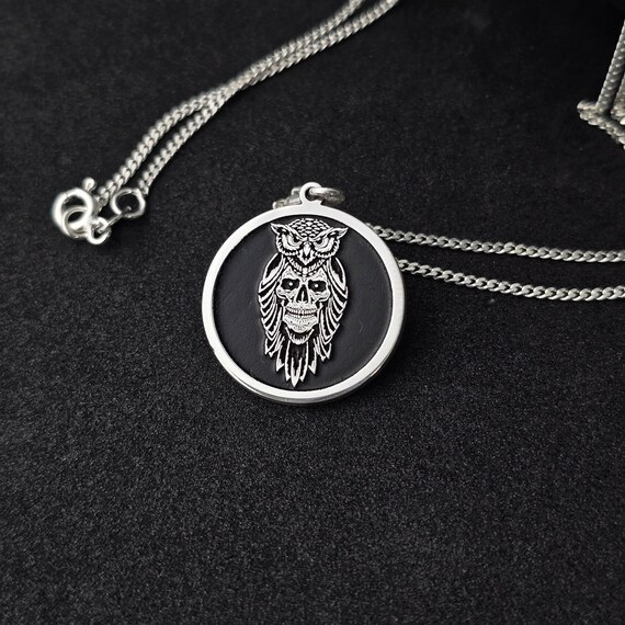 Sterling Silver Owl Skull Pendant: Gothic Esoteric Necklace
