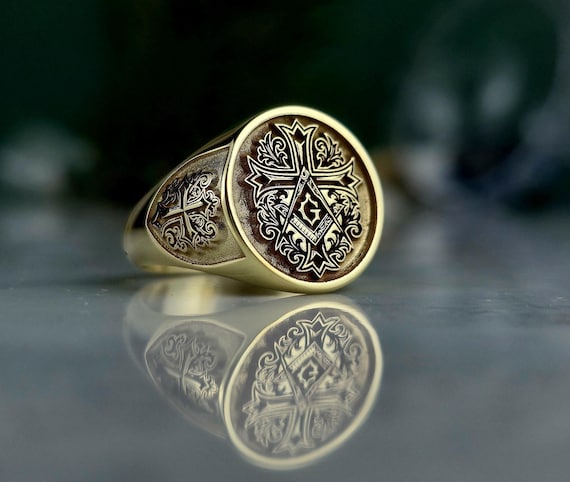 Knights Templar Masonic Ring • 18K Gold Plated 925 Sterling Silver Signet