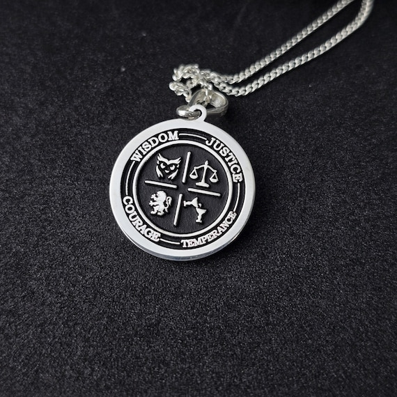 Cardinal Virtues Stoic Pendant Necklace, Wisdom Temperance Courage Justice