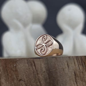 A macro shot of a minimalist rose gold Zibu angelic ring. The ring’s face features a raised four-loop friendship emblem on a finely textured, matte gold background. The outer border and polished band of the signet ring shine under soft lighting, presented as a delicate, daily spiritual accessory on a rustic wood piece.