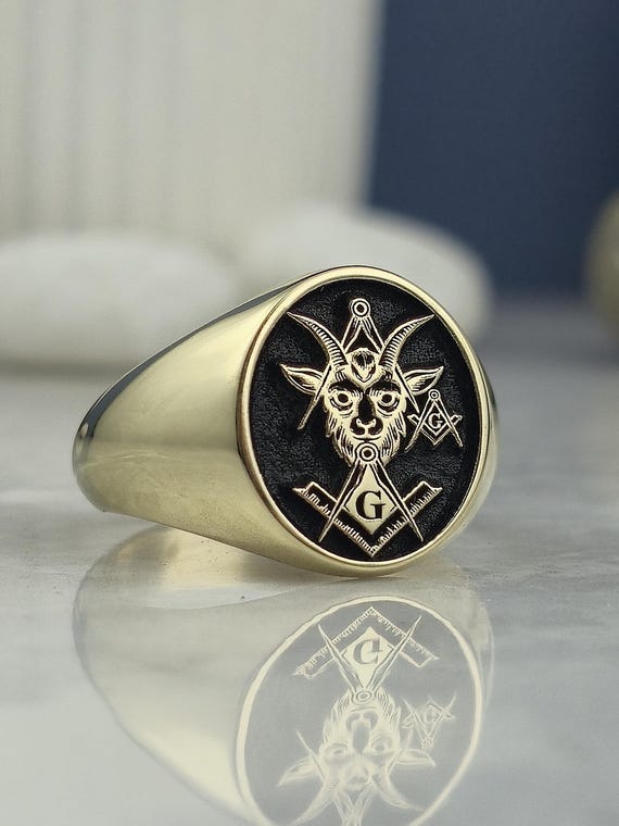 Baphomet Freemason Signet Ring: Gold Plated Sterling Silver Occult Jewelry