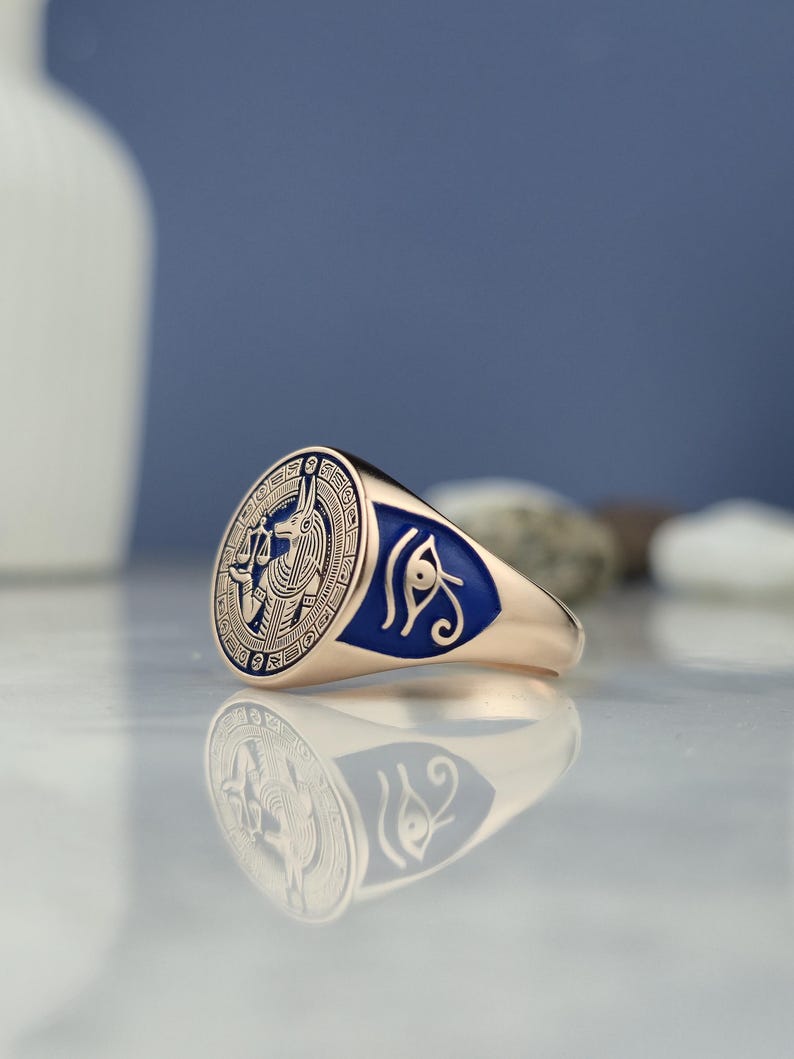 Rose Gold Anubis Signet Ring: Blue Enamel, Eye of Horus, Sterling ...