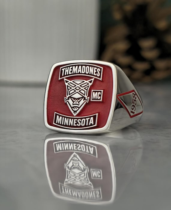 Custom Motorcycle Club Ring | Red Enamel Signet | Personalized Biker Shield Ring | 925 Sterling Silver | Men’s Gift