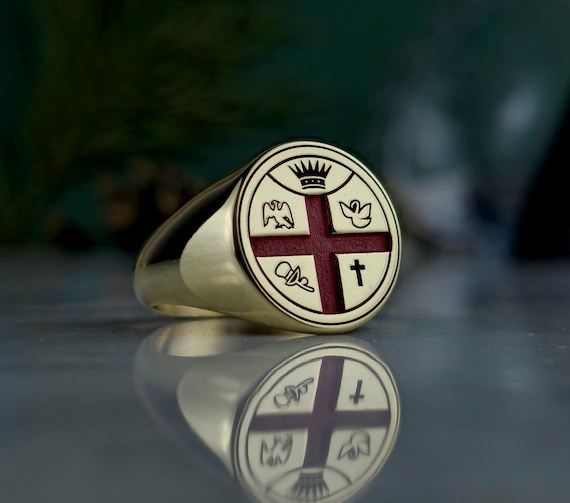 Gold Plated Masonic Ring • Red Enamel 925 Sterling Silver Signet