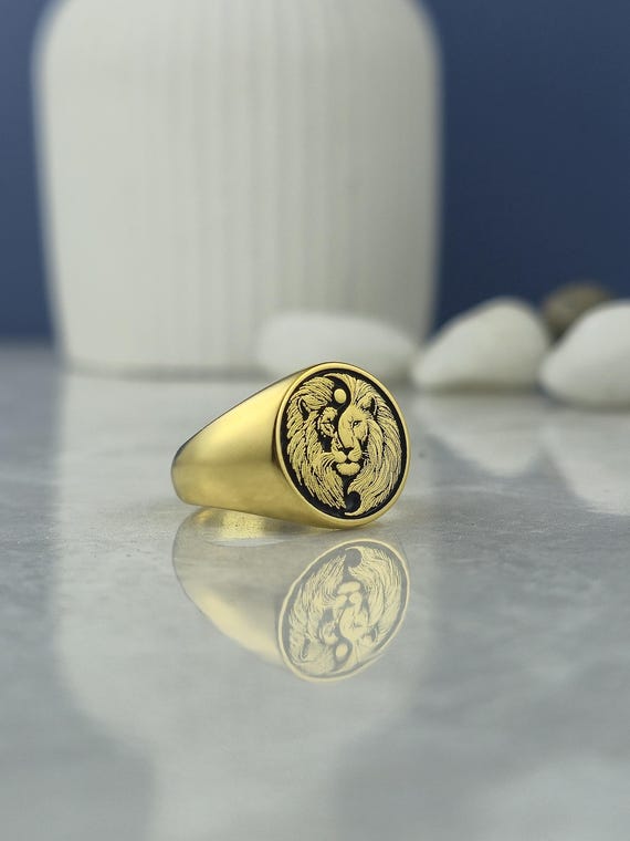 Gold Plated Yin Yang Lion Ring: 925 Silver Dual Head Signet