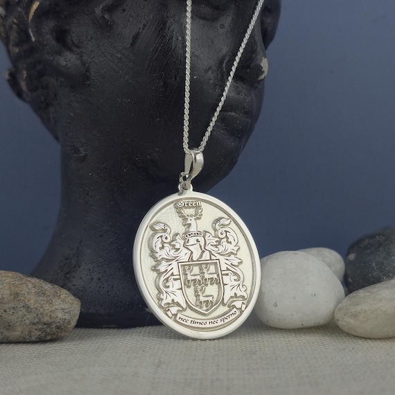 Custom Sterling Silver Family Crest Necklace: Engraved Coat of Arms Pendant