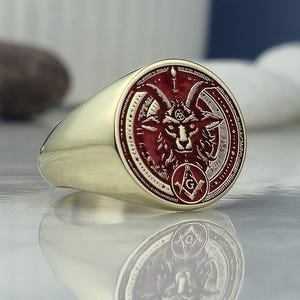 Baphomet Ring: Red Enamel Goat Head, Gold-Plated Sterling Silver