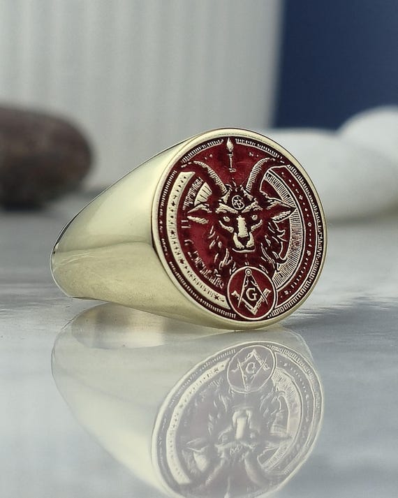 Baphomet Ring: Red Enamel Goat Head, Gold-Plated Sterling Silver