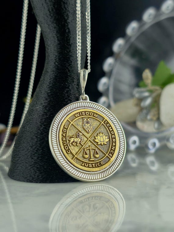 Wisdom Virtue Medallion Necklace 925 Sterling Silver – Courage, Temperance, Justice Pendant – Meaningful Philosophy Talisman Jewelry