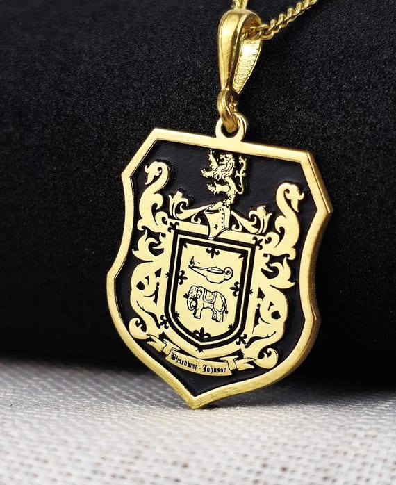 Custom Family Crest Pendant - Gold Shield Necklace for Special Occasions"