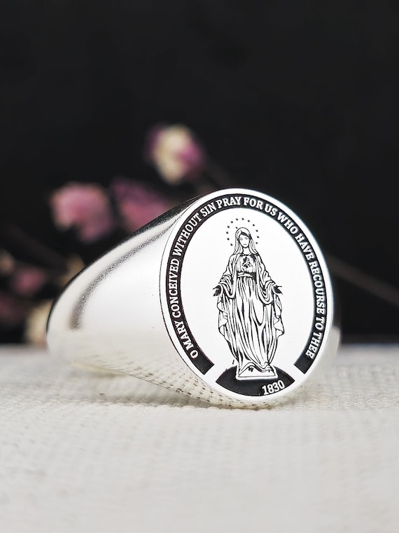 Sterling Silver Mary Mother Signet Ring: Religious Prayer Jewelry