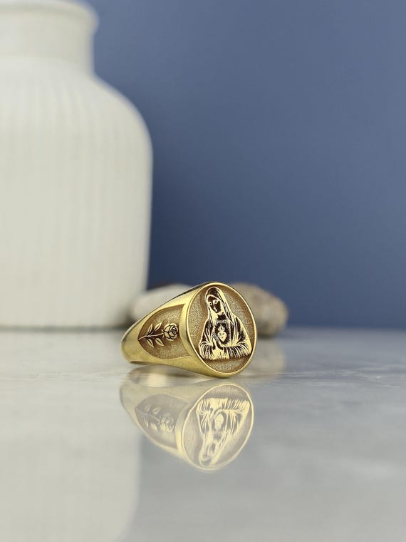Gold-Plated Sterling Silver Virgin Mary Signet Ring: Sacred Heart, Cross & Rose