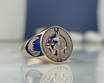 Rose Gold Anubis Signet Ring: Blue Enamel, Eye of Horus, Sterling Silver