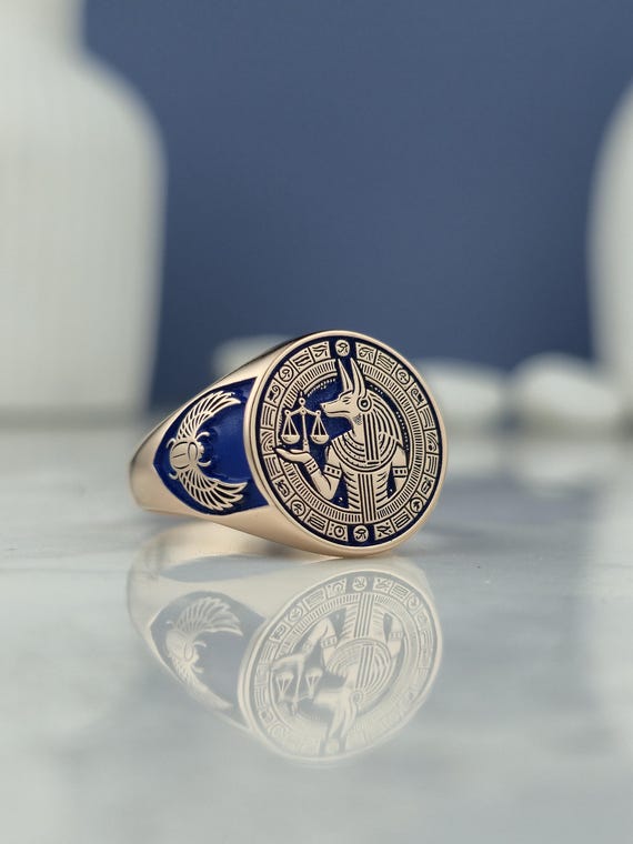 Rose Gold Anubis Signet Ring: Blue Enamel, Eye of Horus, Sterling Silver