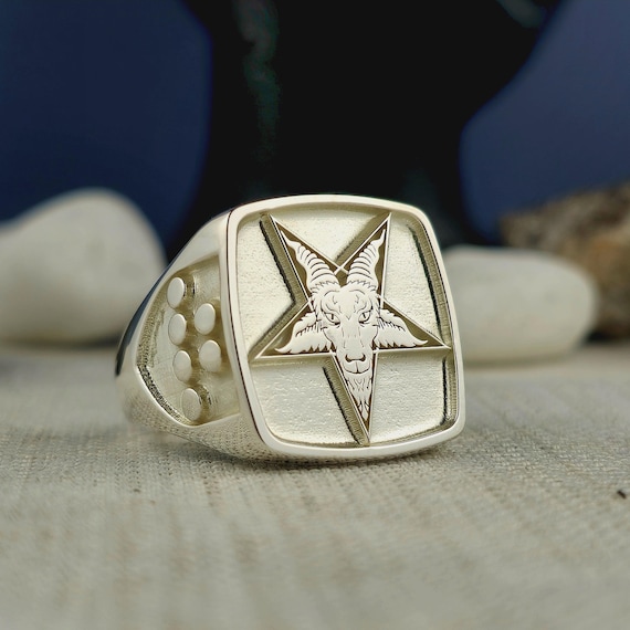 Baphomet Pentagram Signet Ring: Engraved Goat Head, Sterling Silver