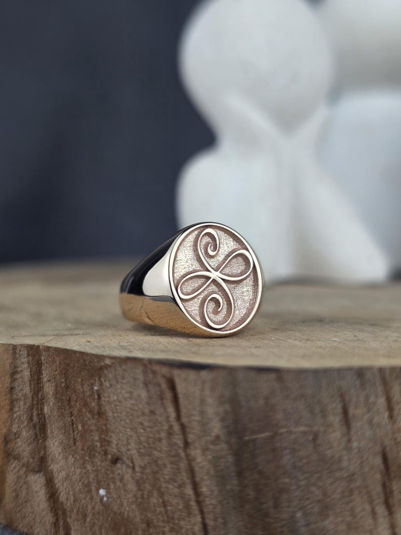 A detailed product photograph of a modern rose gold Zibu signet ring. The oval face contains the stylized friendship loop, giving it a guardian angel or spiritual-crest feel. The pink gold metal gleams softly, highlighting the polished edges and the fine stippling inside the shield as the ring stands on a dark wood block.