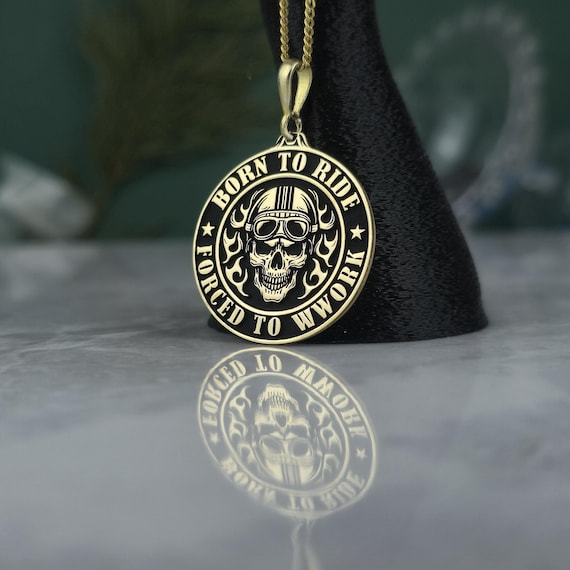 Gold Plated Sterling Silver Biker Pendant • Skull Rider Necklace