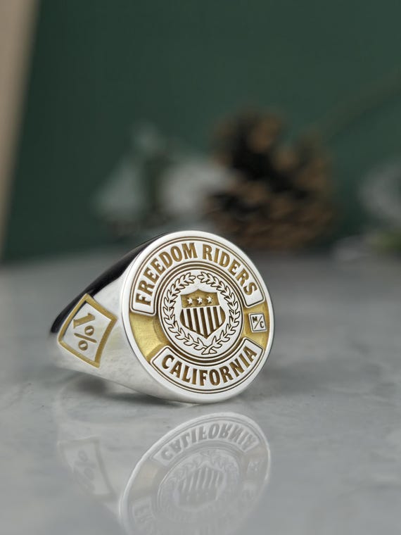 Custom Motorcycle Club Ring | 1% Biker Signet Ring | Two-Tone Silver and Gold MC Jewelry | Personalized Brotherhood Gift for Men