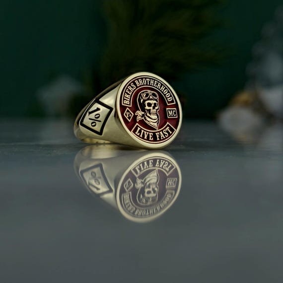 Bikers Brotherhood Ring • Gold Plated 925 Sterling Silver Skull Signet • Live Fast MC 1% Biker Jewelry for Men