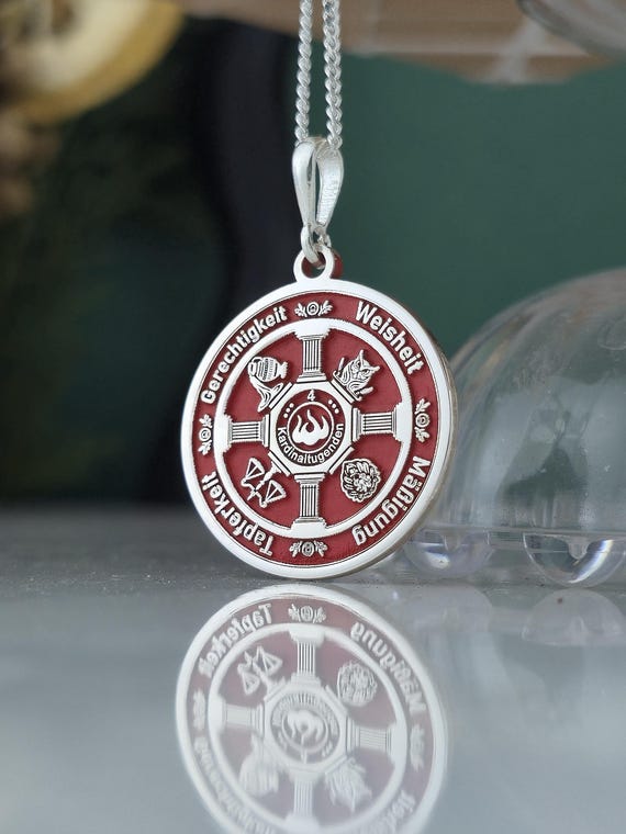 Sterling Silver Wisdom Medallion Necklace: Red Enamel Symbolic Jewelry