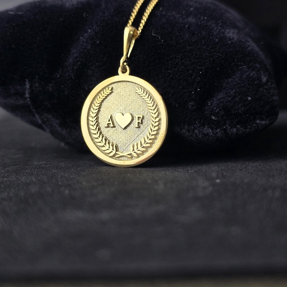 Custom Initial Laurel Coin Necklace: Gold Plated Sterling Silver Monogram