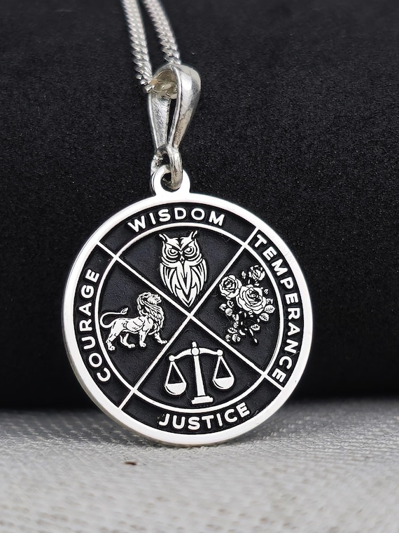 Virtue Symbol Necklace: Wisdom, Courage, Justice, Temperance