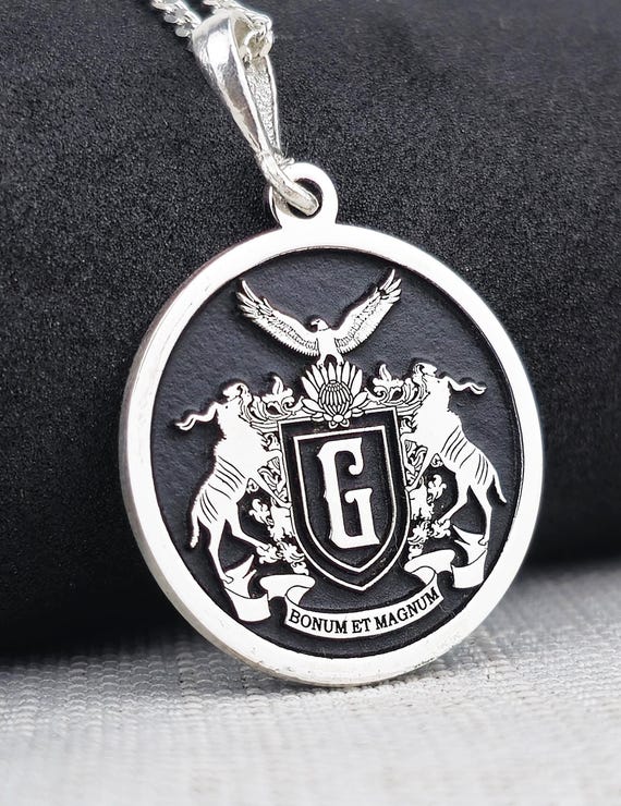 Custom Sterling Silver Family Crest Necklace - Engraved Coat of Arms