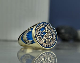 Gold Plated Sterling Silver Anubis Ring: Egyptian Enamel Signet