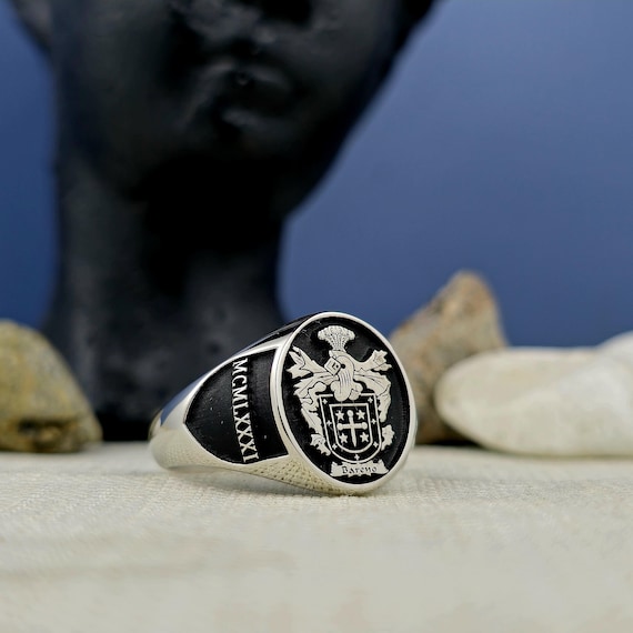 Custom Family Crest Signet Ring: Black Enamel Sterling Silver