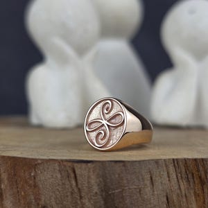 A macro view of a solid rose gold signet ring featuring a Zibu friendship knot emblem. The polished pink gold loop pattern is centered on a stippled, non-reflective gold background. The polished ring band curves smoothly, resting against natural wood. The background is softly blurred to emphasize the delicate details of this spiritual fine jewelry.