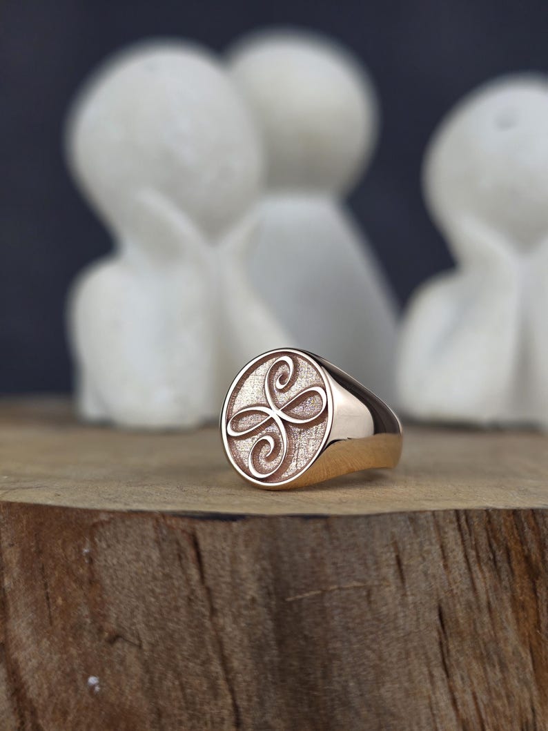 A macro view of a solid rose gold signet ring featuring a Zibu friendship knot emblem. The polished pink gold loop pattern is centered on a stippled, non-reflective gold background. The polished ring band curves smoothly, resting against natural wood. The background is softly blurred to emphasize the delicate details of this spiritual fine jewelry.