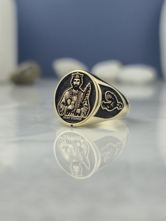 Gold Plated Saint Stephen Signet Ring: Dove & Cross, Sterling Silver