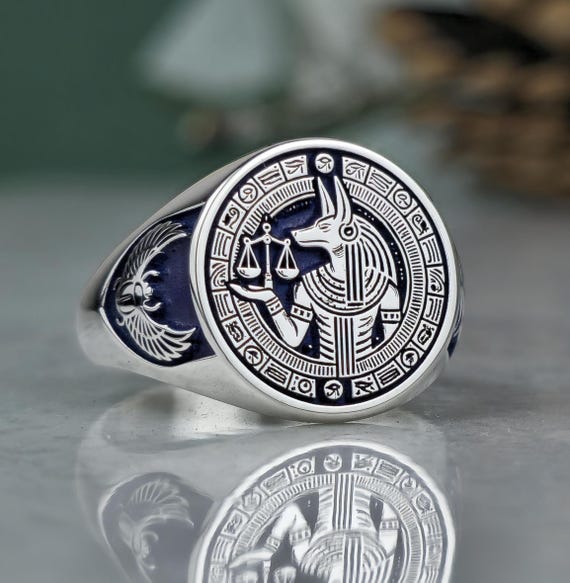 Gold Plated Sterling Silver Anubis Ring: Egyptian Enamel Signet