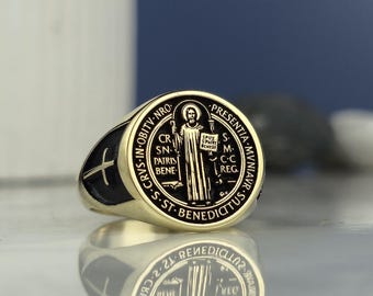 Anillo de sello de San Benito de oro: Medalla católica de plata de ley, joyería religiosa unisex
