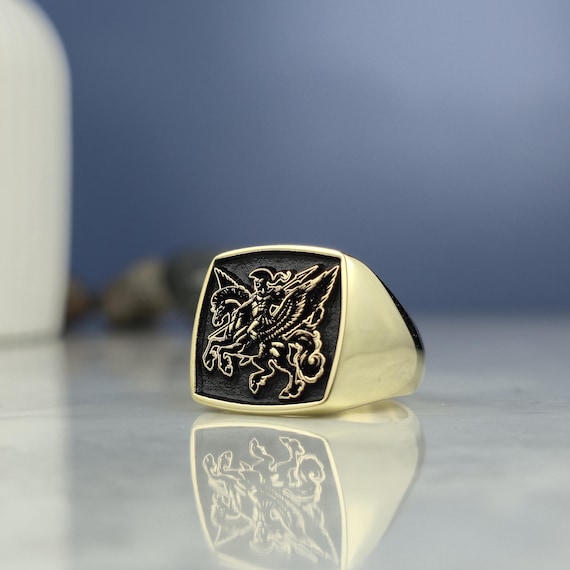 Gold-Plated Sterling Silver Athena & Pegasus Ring - Mythological Signet