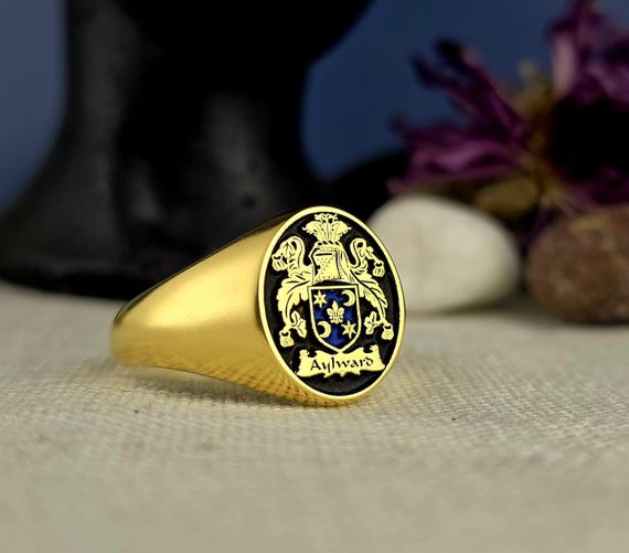 Custom Family Crest Signet Ring: Personalized Enamel Heraldic Jewelry