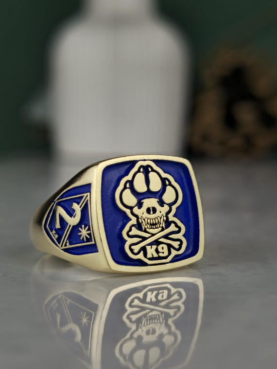 Custom Motorcycle Club Ring | Blue Enamel Signet Ring | Personalized Biker Shield Ring | Sterling Silver Statement Jewelry